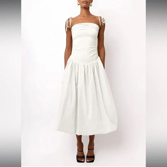 Commense XS White Tie Strap Midi Dress Cottagecore Minimalist Bubble Hem Dress - Picture 3 of 5